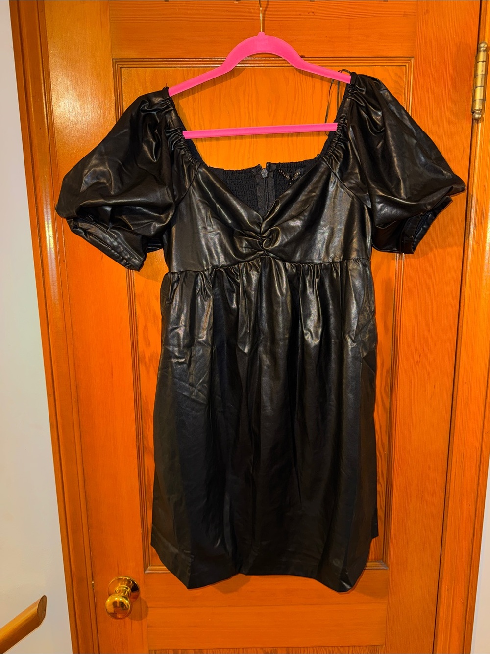 Anthropologie English Factory Black Faux Leather Puff Sleeve Dress